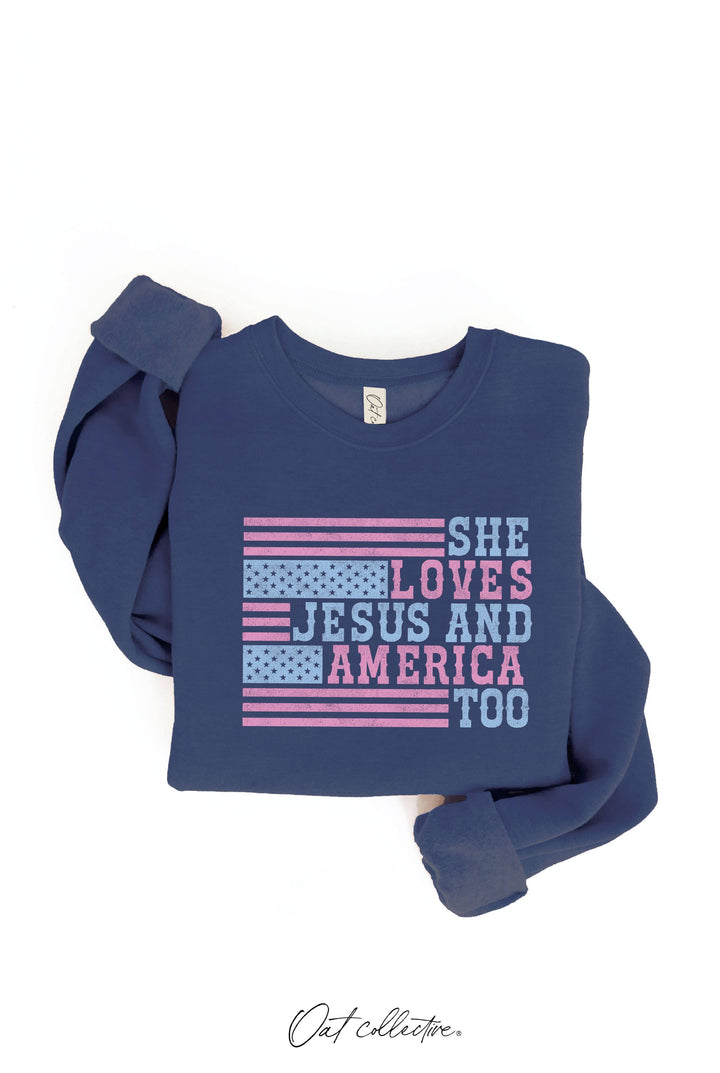 SHE LOVES JESUS AND AMERICA TOO Graphic Sweatshirt: CRANBERRY HEATHER / L