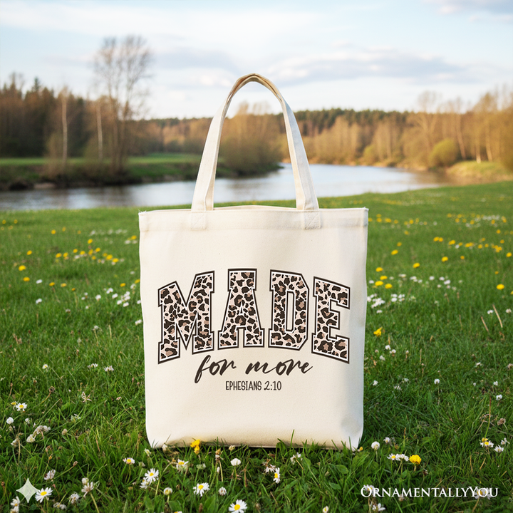 OrnamentallyYou - Made For More Christian Canvas Tote Bag, Ephesians 2:10 Leopard Faith Bible Verse Easter Gift Shopper