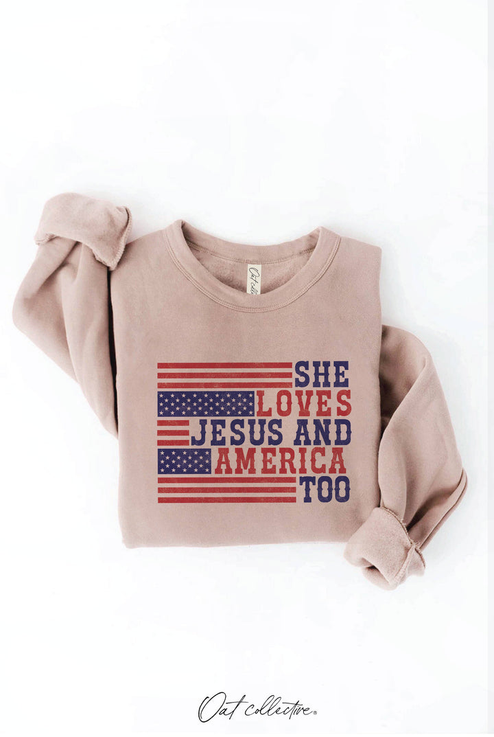 SHE LOVES JESUS AND AMERICA TOO Graphic Sweatshirt: CRANBERRY HEATHER / M
