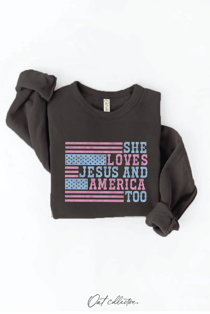 SHE LOVES JESUS AND AMERICA TOO Graphic Sweatshirt: CRANBERRY HEATHER / M