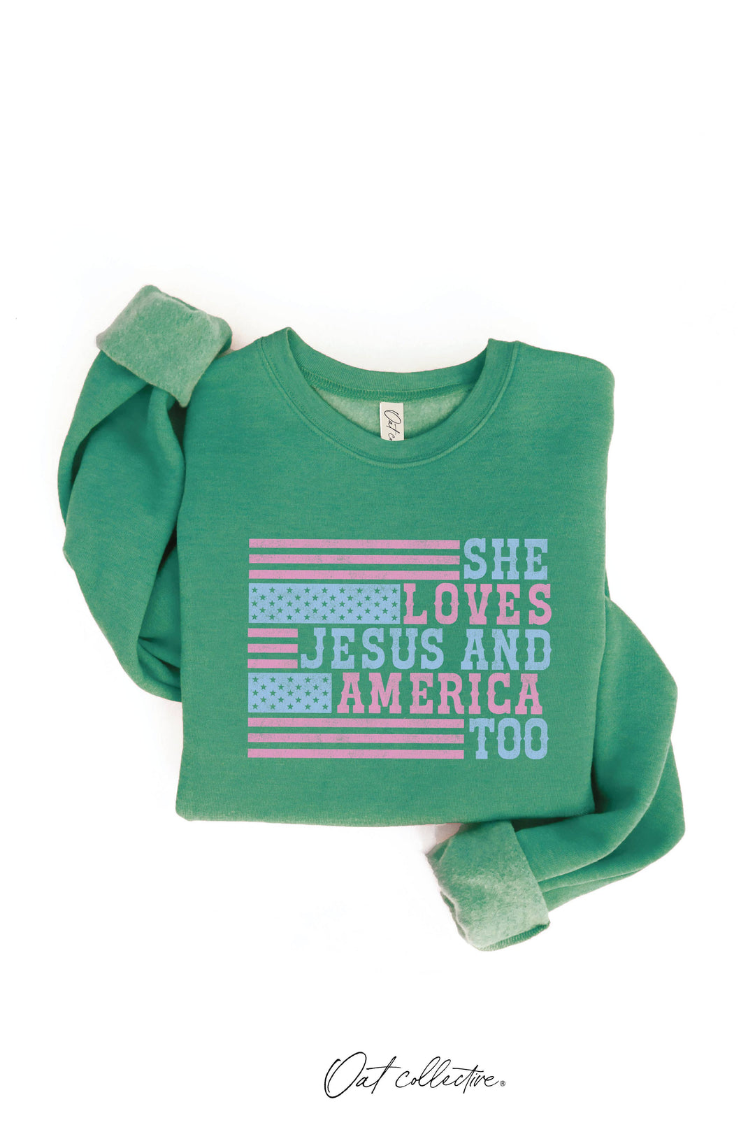 SHE LOVES JESUS AND AMERICA TOO Graphic Sweatshirt: CRANBERRY HEATHER / M