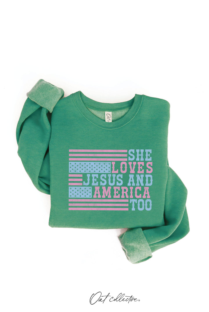 SHE LOVES JESUS AND AMERICA TOO Graphic Sweatshirt: CRANBERRY HEATHER / L