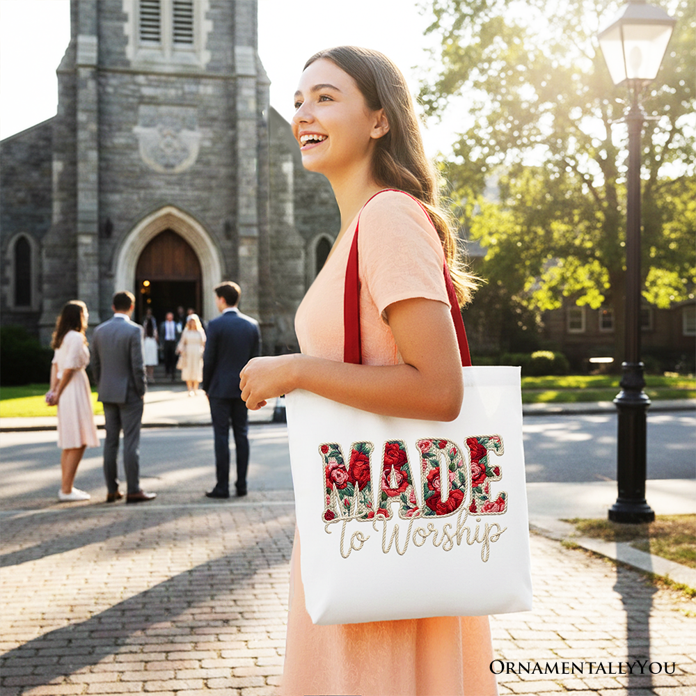 OrnamentallyYou - Made to Worship Printed Faux Yarn Crochet Christian Tote Bag, Floral Retro Faith Gift Shopper