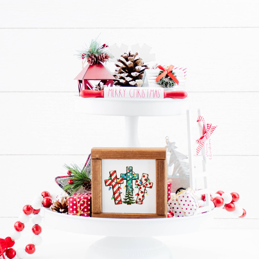 Hooked On Jesus Co. - Three Crosses Christmas Wood Sign - Holiday Shelf Sitter