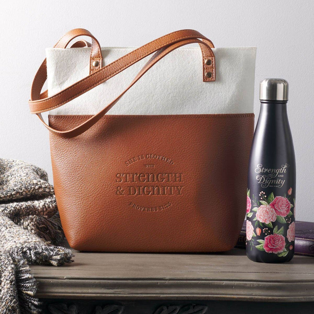 Christian Art Gifts - Bible Tote Cream/Toffee Strength &amp; Dignity Prov. 31:25