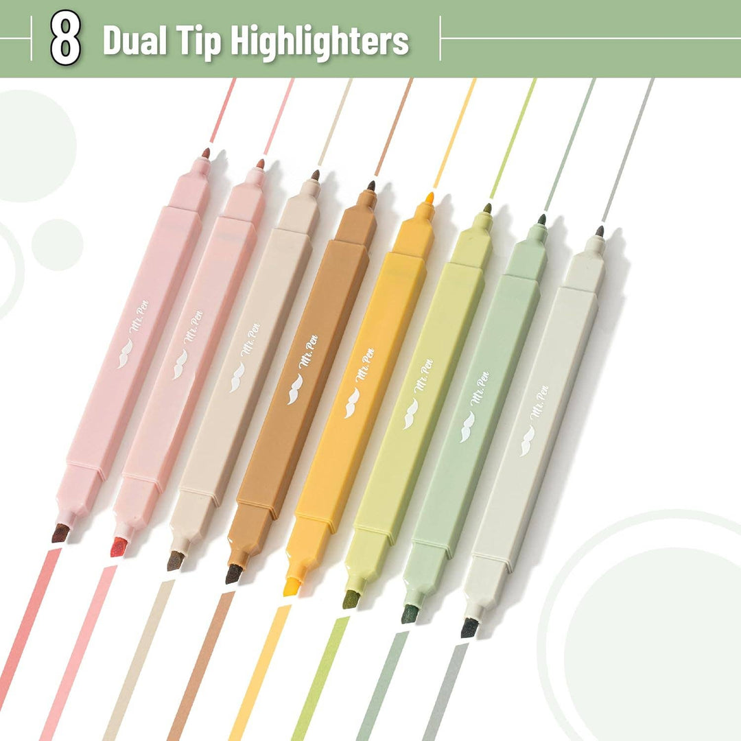 Mr. Pen - Dual Tip Aesthetic Highlighters, 8 pcs, Chisel &amp; Fine Tips