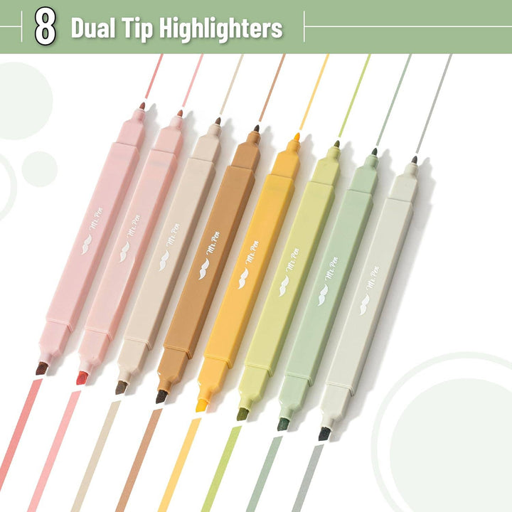 Mr. Pen - Dual Tip Aesthetic Highlighters, 8 pcs, Chisel &amp; Fine Tips