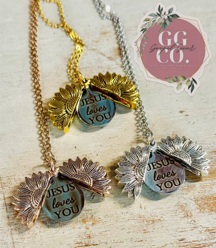 Jesus Loves You Engraved Hidden Sunflower Message Necklace