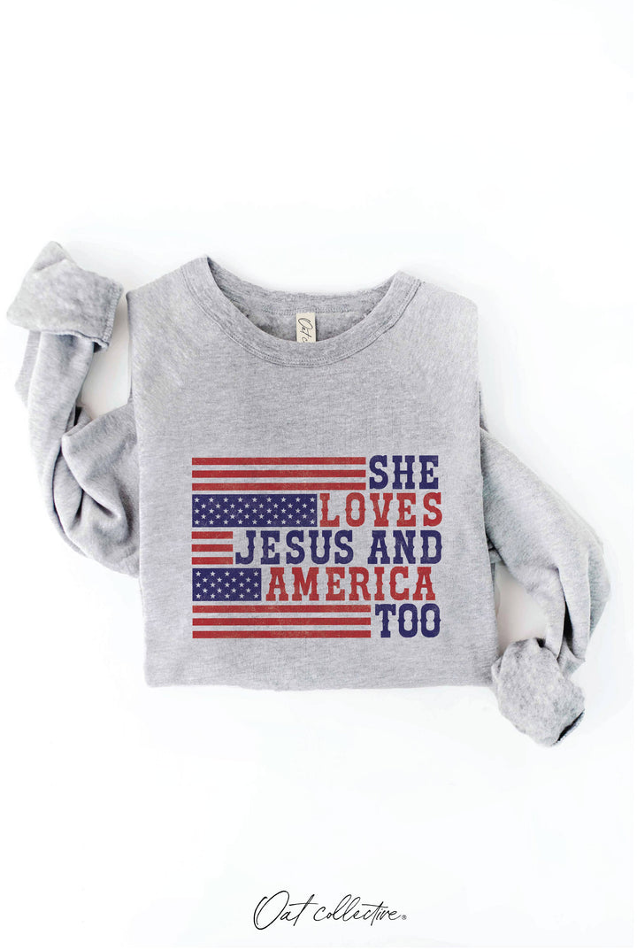 SHE LOVES JESUS AND AMERICA TOO Graphic Sweatshirt: CRANBERRY HEATHER / S