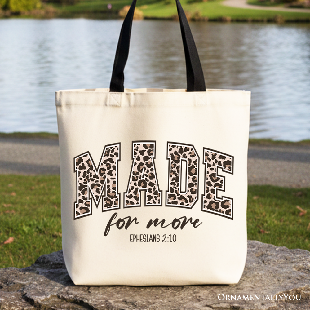 OrnamentallyYou - Made For More Christian Canvas Tote Bag, Ephesians 2:10 Leopard Faith Bible Verse Easter Gift Shopper