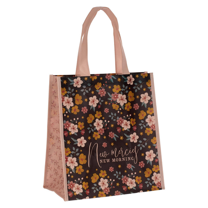 Christian Art Gifts - Tote Pink/Brown Floral Printed New Mercies New Morning