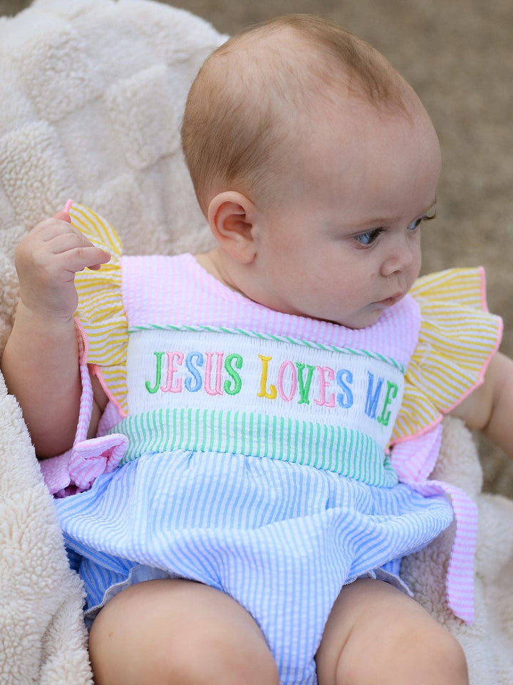 Jesus Loves Me "Embroidered Baby Girls Romper