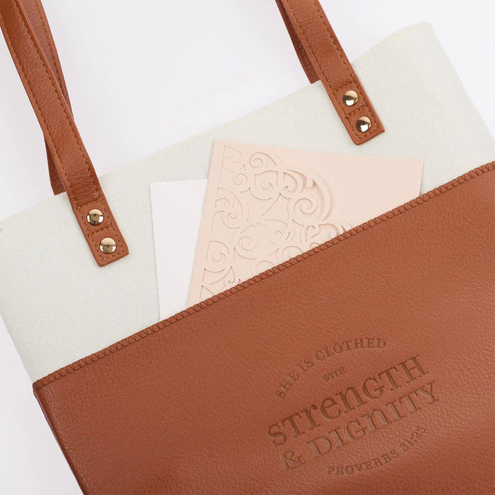 Christian Art Gifts - Bible Tote Cream/Toffee Strength &amp; Dignity Prov. 31:25