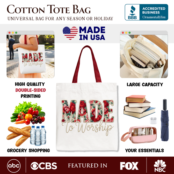 OrnamentallyYou - Made to Worship Printed Faux Yarn Crochet Christian Tote Bag, Floral Retro Faith Gift Shopper