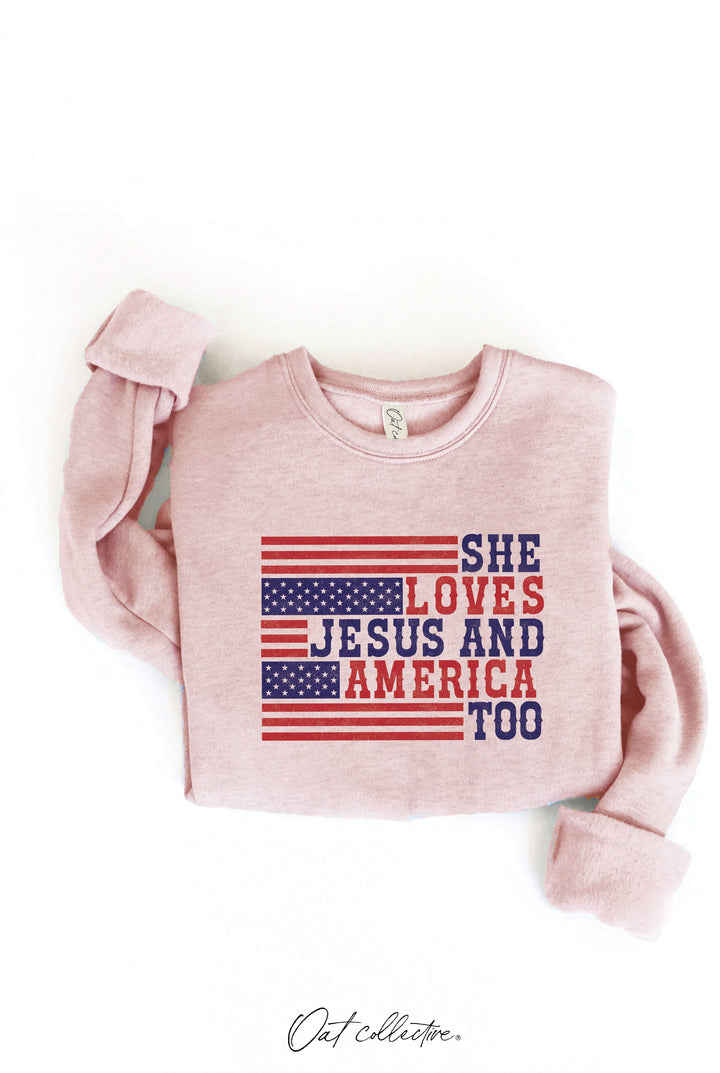 SHE LOVES JESUS AND AMERICA TOO Graphic Sweatshirt: CRANBERRY HEATHER / L