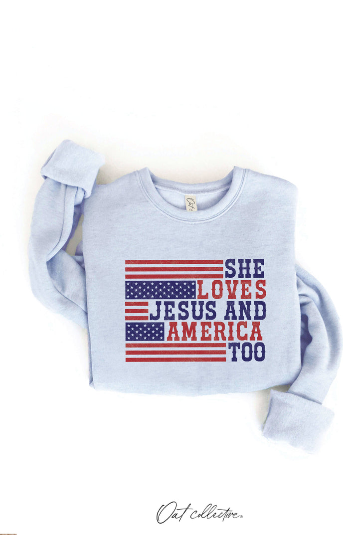 SHE LOVES JESUS AND AMERICA TOO Graphic Sweatshirt: CRANBERRY HEATHER / M