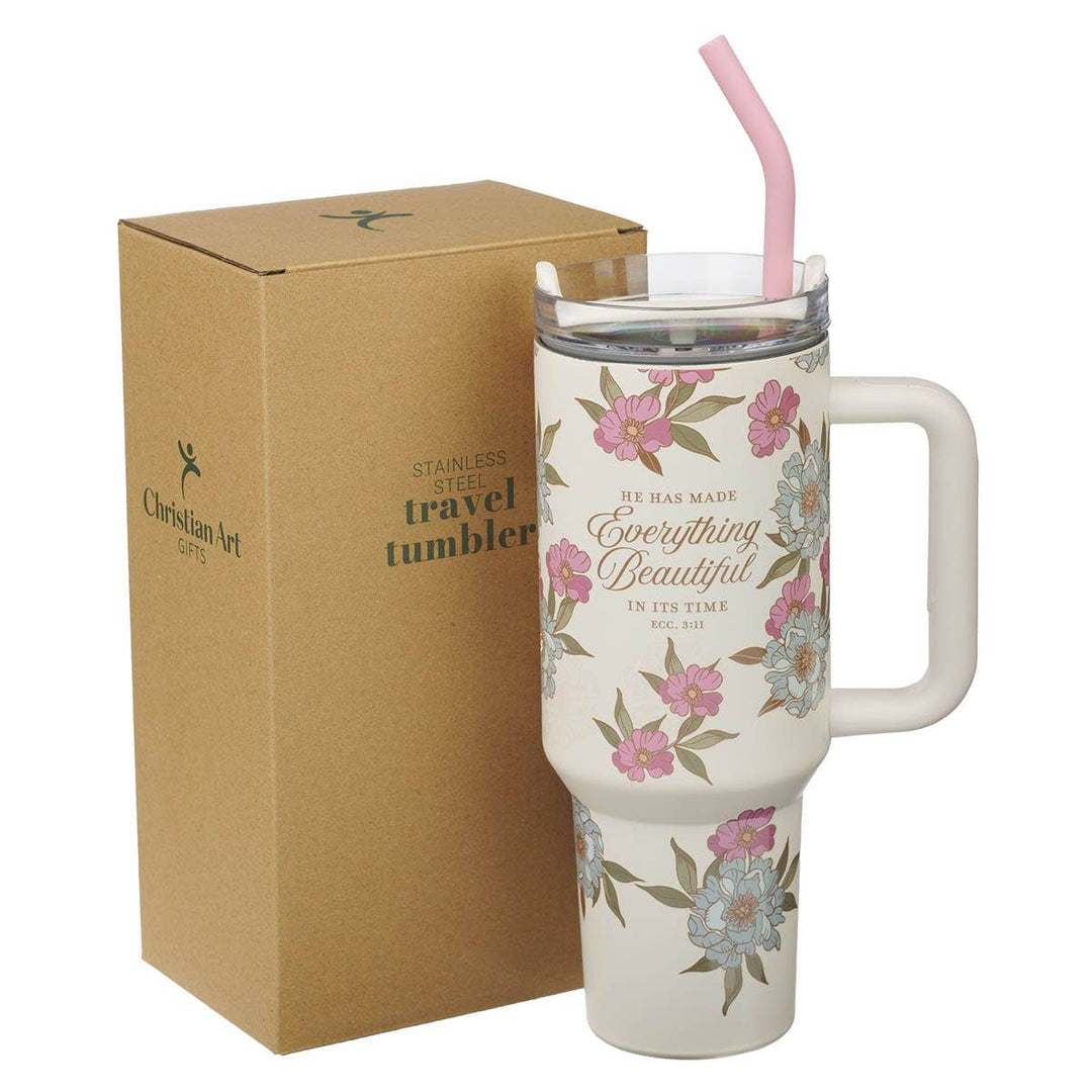 Christian Art Gifts - Tumbler w/straw SS Ivory Everything Beautiful Ecc. 3:11