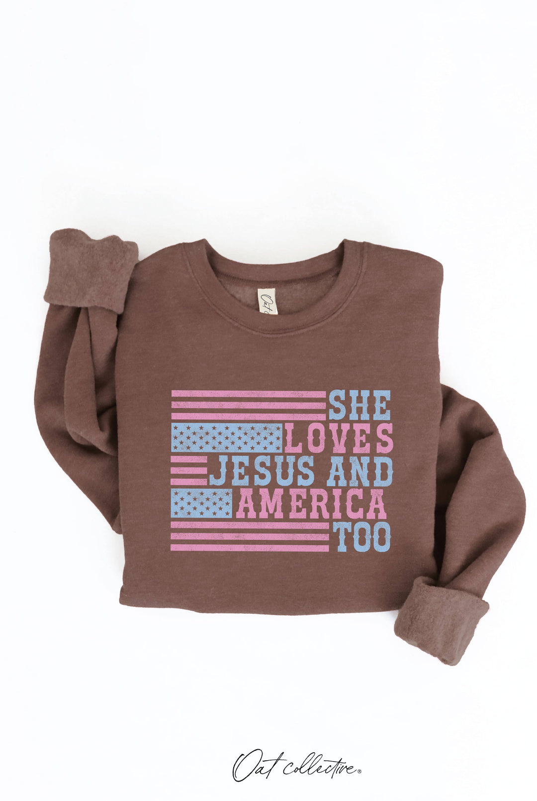 SHE LOVES JESUS AND AMERICA TOO Graphic Sweatshirt: CRANBERRY HEATHER / S