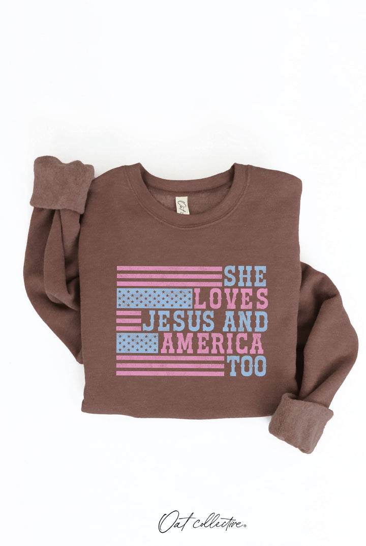 SHE LOVES JESUS AND AMERICA TOO Graphic Sweatshirt: CRANBERRY HEATHER / S