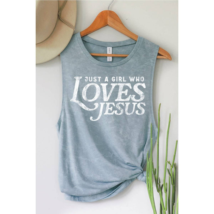 JUST A GIRL WHO LOVES JESUS GRAPHIC TANK TOP