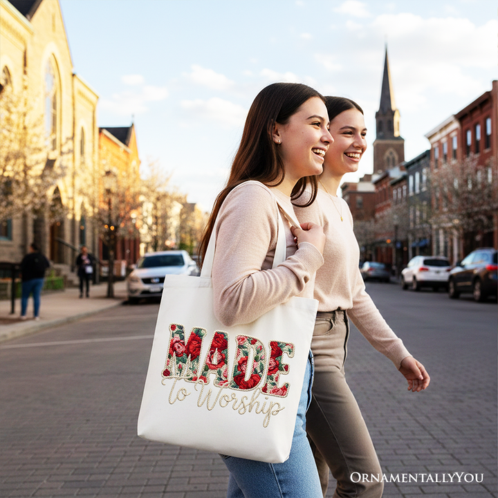 OrnamentallyYou - Made to Worship Printed Faux Yarn Crochet Christian Tote Bag, Floral Retro Faith Gift Shopper