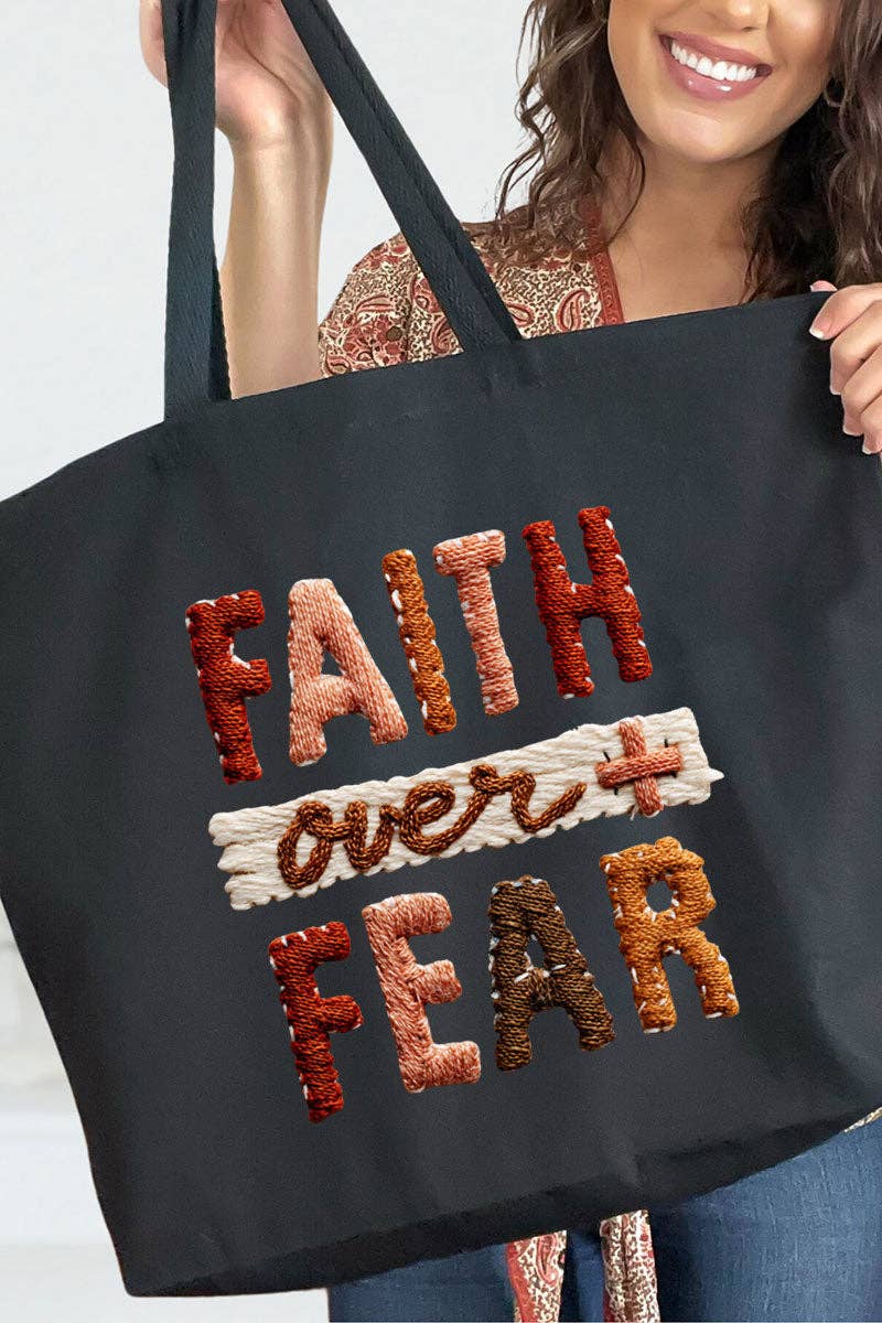 Wholesale Accessory Market - Faux Yarn Faith Over Fear Canvas Jumbo Tote