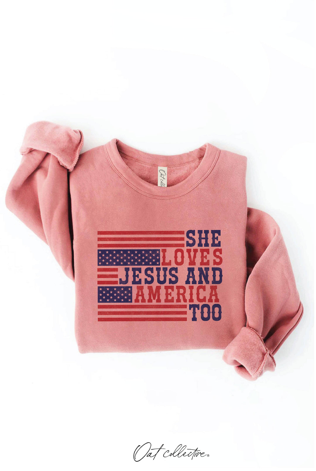 SHE LOVES JESUS AND AMERICA TOO Graphic Sweatshirt: CRANBERRY HEATHER / S