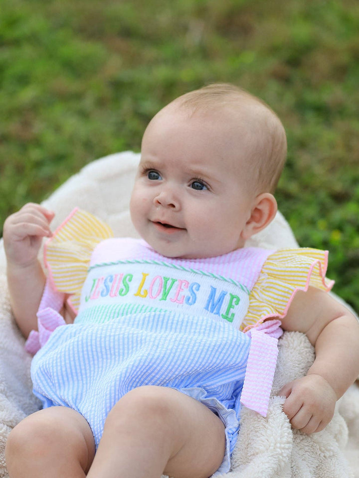 Jesus Loves Me "Embroidered Baby Girls Romper