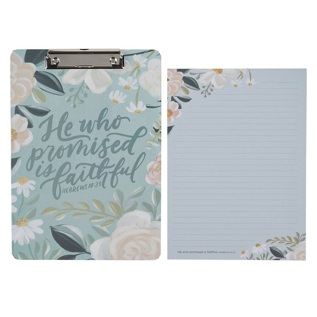 Christian Art Gifts - Clipboard w/Pad Floral He Who Promised is Faithful Heb 10:23