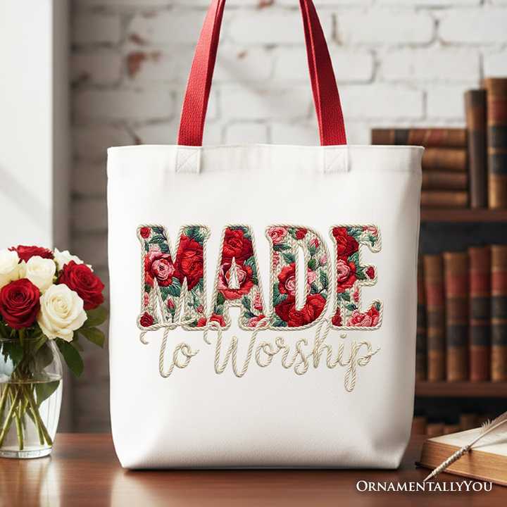 OrnamentallyYou - Made to Worship Printed Faux Yarn Crochet Christian Tote Bag, Floral Retro Faith Gift Shopper