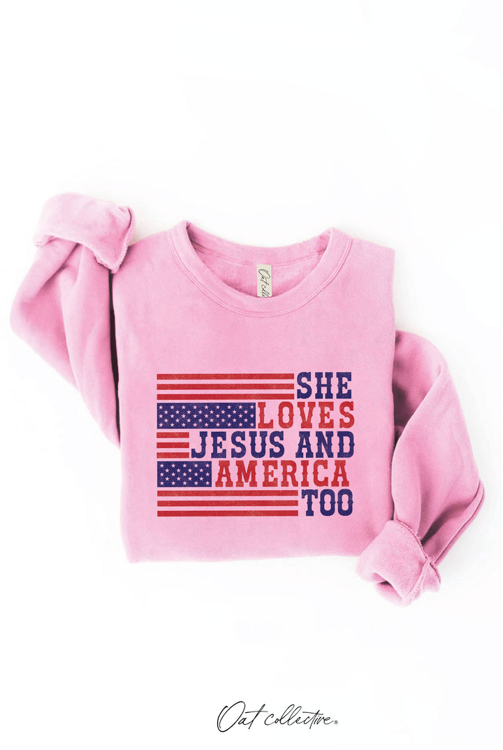 SHE LOVES JESUS AND AMERICA TOO Graphic Sweatshirt: CRANBERRY HEATHER / M