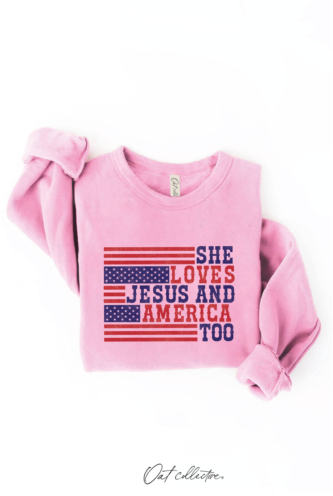 SHE LOVES JESUS AND AMERICA TOO Graphic Sweatshirt: CRANBERRY HEATHER / S
