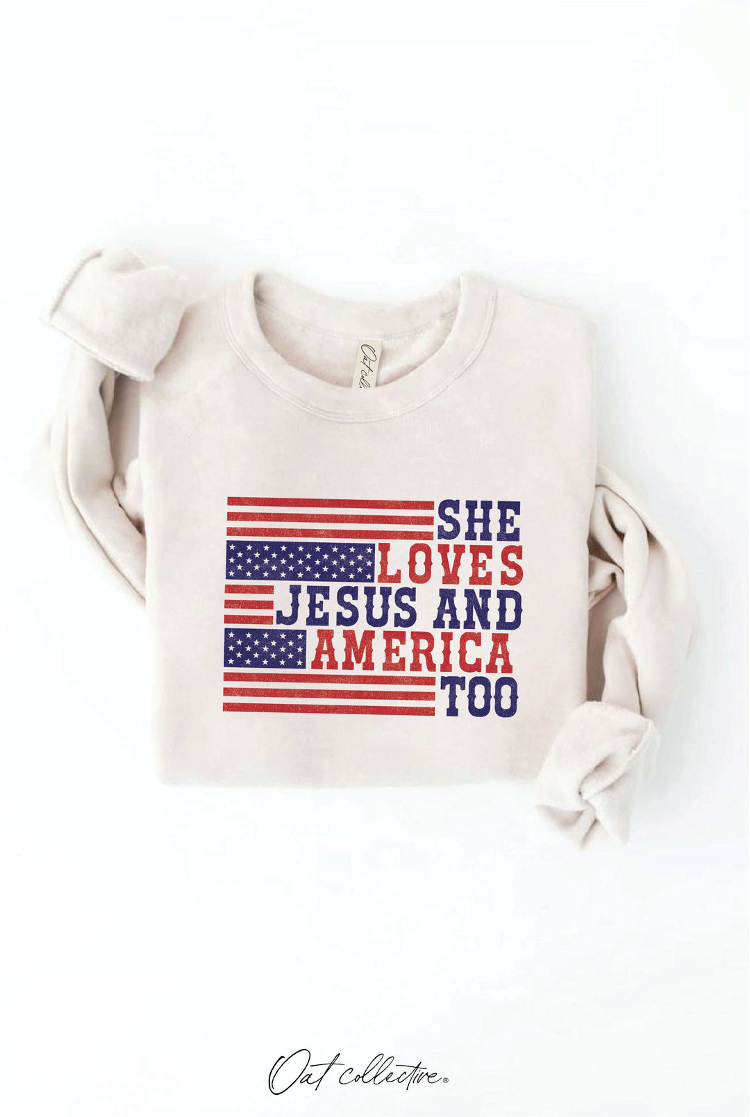 SHE LOVES JESUS AND AMERICA TOO Graphic Sweatshirt: CRANBERRY HEATHER / L
