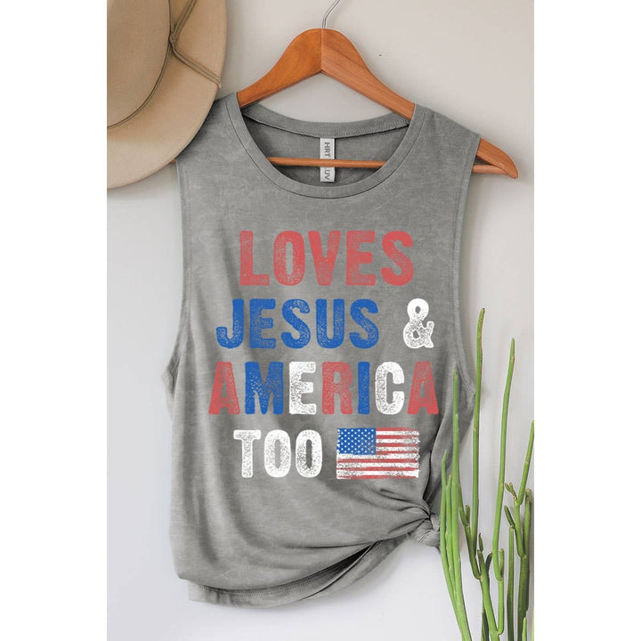 LOVE JESUS N AMERICA TOO MINERAL GRAPHIC TANK TOP