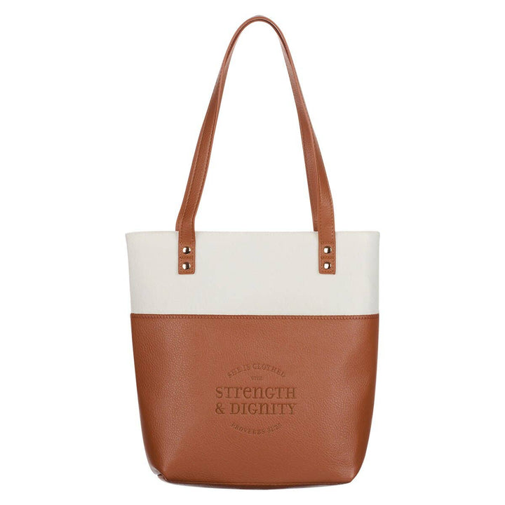 Christian Art Gifts - Bible Tote Cream/Toffee Strength &amp; Dignity Prov. 31:25