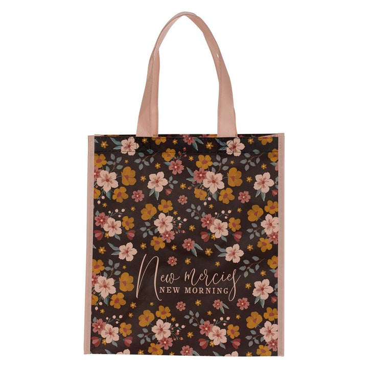 Christian Art Gifts - Tote Pink/Brown Floral Printed New Mercies New Morning