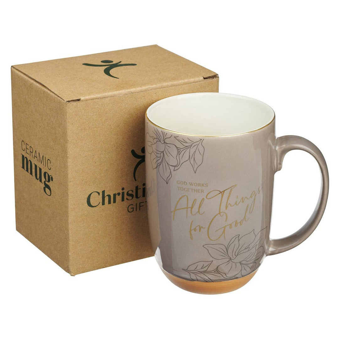 Christian Art Gifts - Mug Taupe God Works For Good Romans 8:28