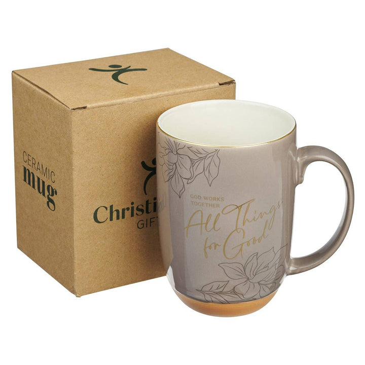Christian Art Gifts - Mug Taupe God Works For Good Romans 8:28