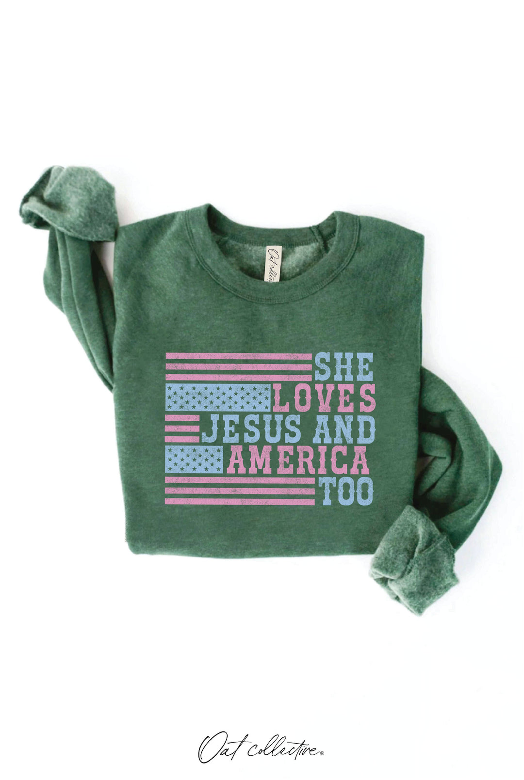 SHE LOVES JESUS AND AMERICA TOO Graphic Sweatshirt: CRANBERRY HEATHER / M