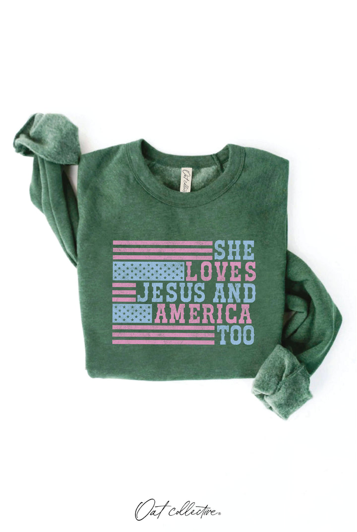 SHE LOVES JESUS AND AMERICA TOO Graphic Sweatshirt: CRANBERRY HEATHER / M