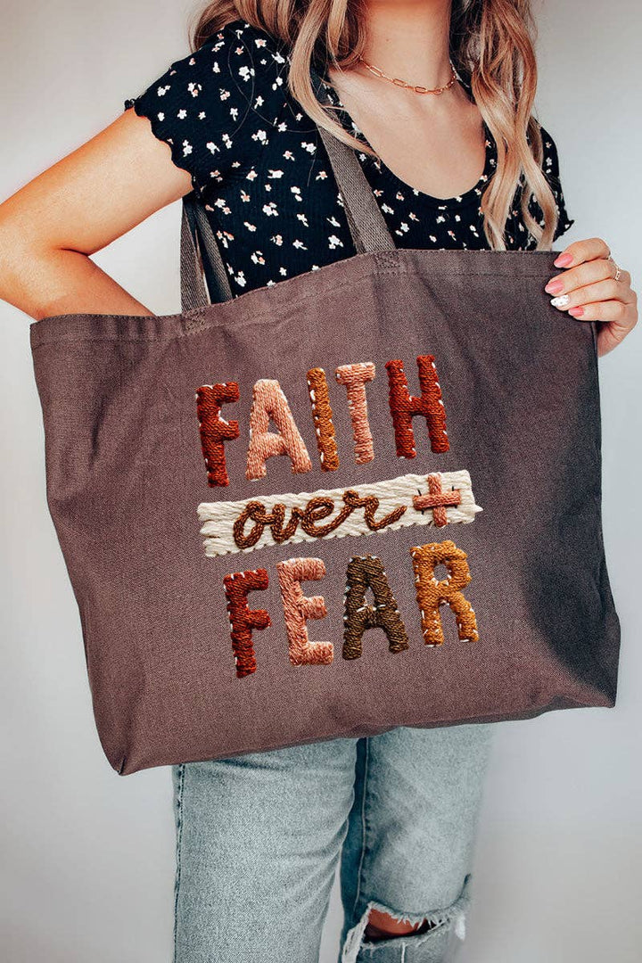 Wholesale Accessory Market - Faux Yarn Faith Over Fear Canvas Jumbo Tote