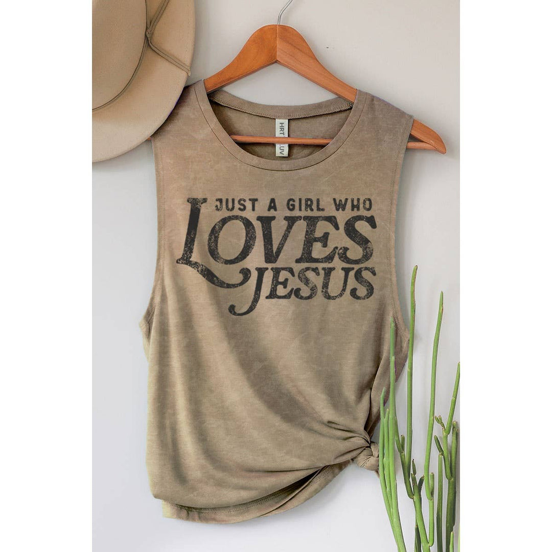 JUST A GIRL WHO LOVES JESUS GRAPHIC TANK TOP