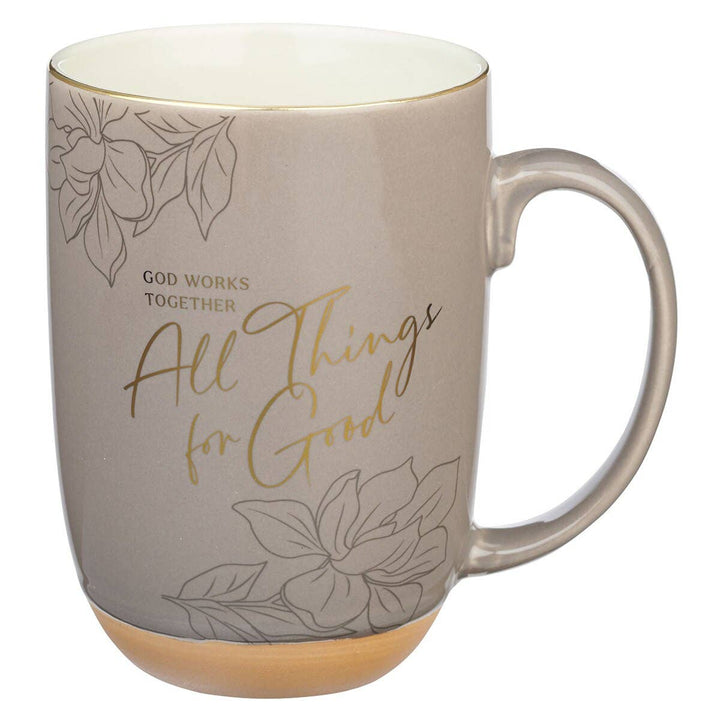 Christian Art Gifts - Mug Taupe God Works For Good Romans 8:28