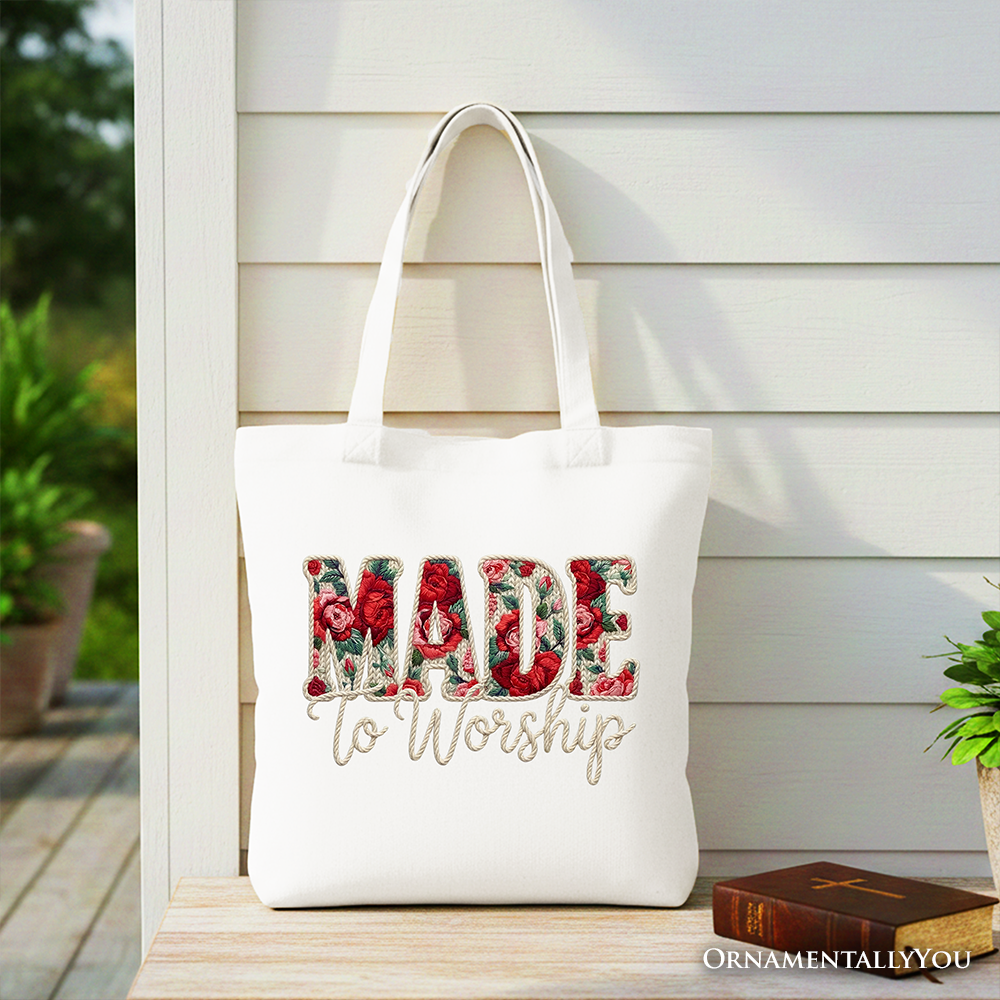 OrnamentallyYou - Made to Worship Printed Faux Yarn Crochet Christian Tote Bag, Floral Retro Faith Gift Shopper