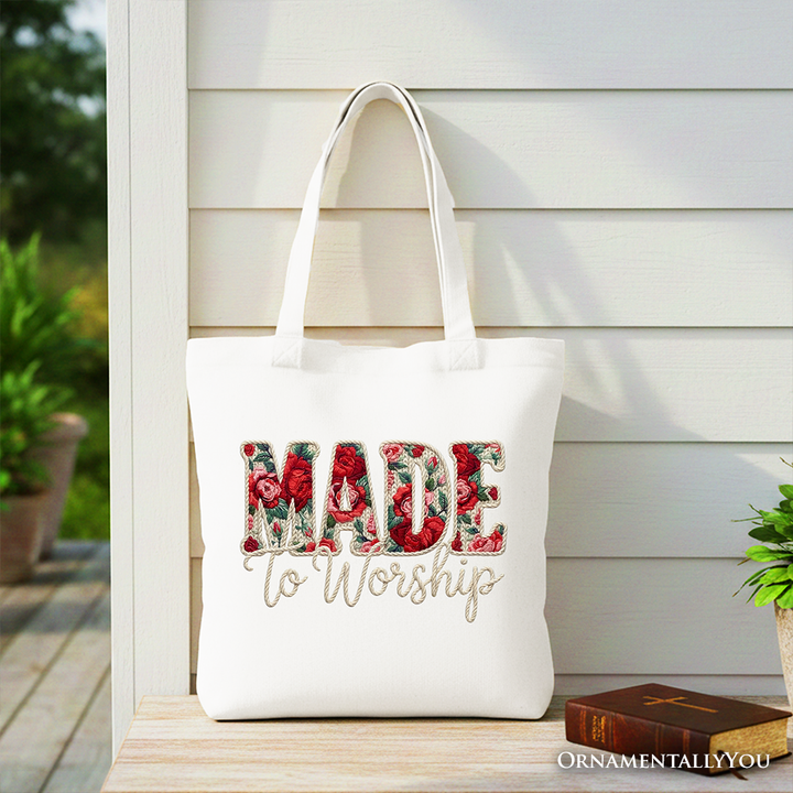 OrnamentallyYou - Made to Worship Printed Faux Yarn Crochet Christian Tote Bag, Floral Retro Faith Gift Shopper