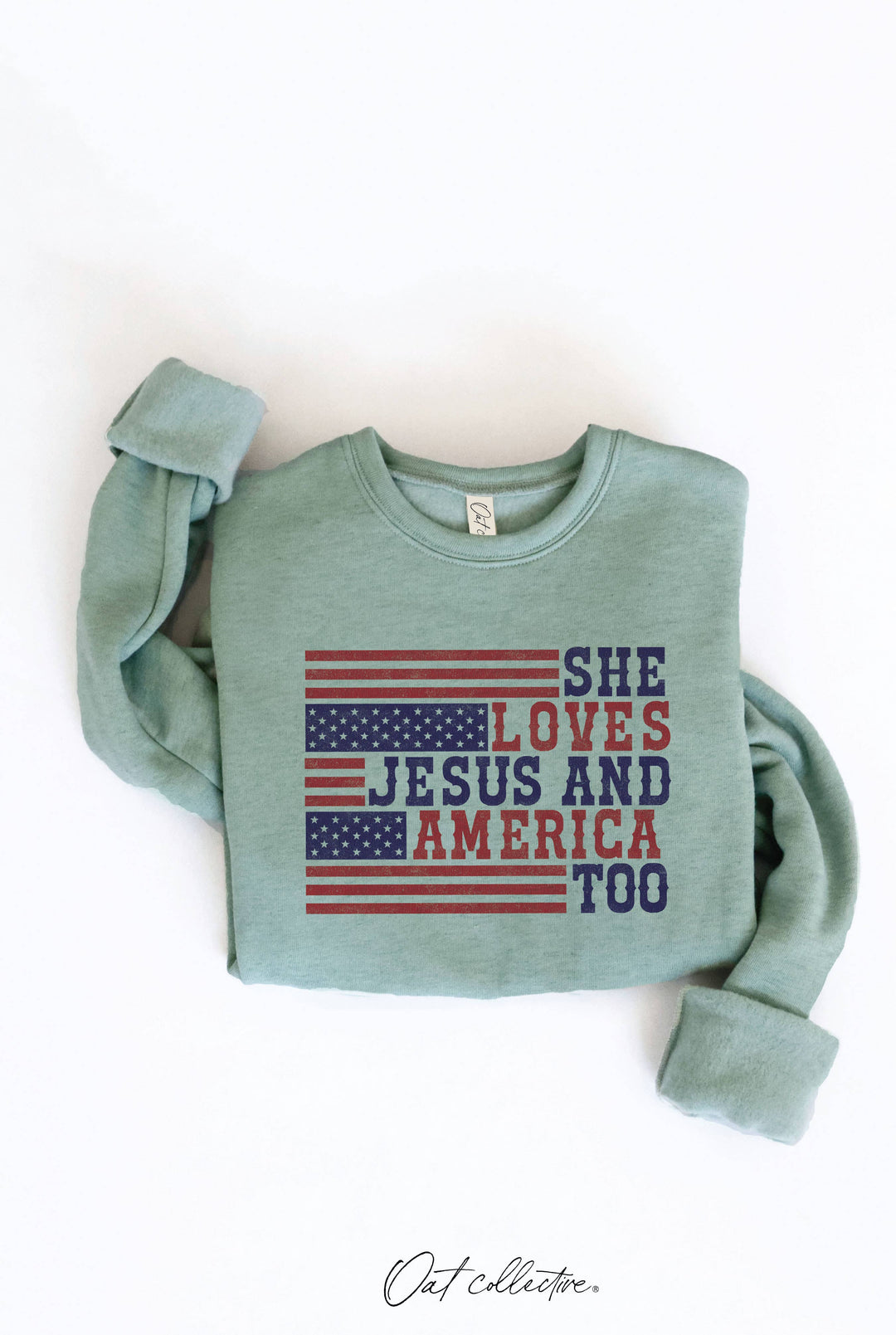 SHE LOVES JESUS AND AMERICA TOO Graphic Sweatshirt: CRANBERRY HEATHER / S