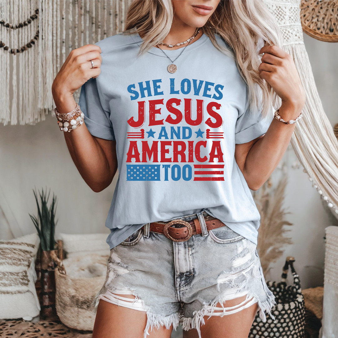 She Loves Jesus and America Too Patriotic Tee: XL Adult Tee