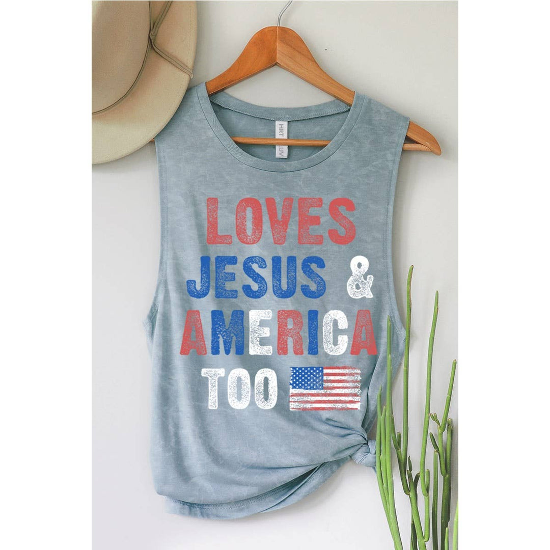 LOVE JESUS N AMERICA TOO MINERAL GRAPHIC TANK TOP