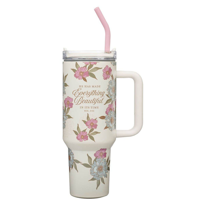 Christian Art Gifts - Tumbler w/straw SS Ivory Everything Beautiful Ecc. 3:11