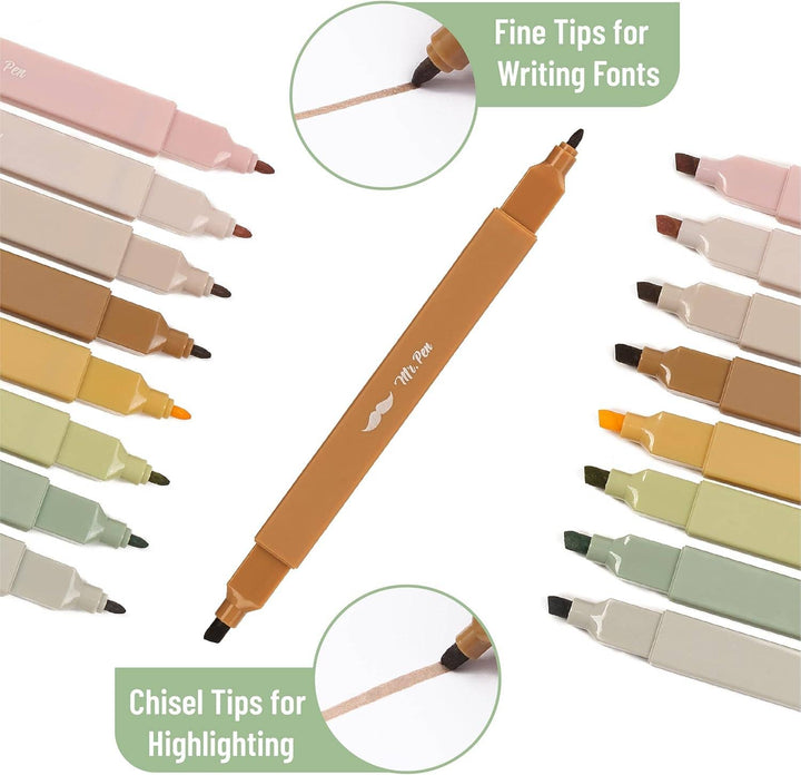 Mr. Pen - Dual Tip Aesthetic Highlighters, 8 pcs, Chisel &amp; Fine Tips